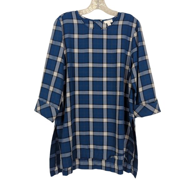 J. Jill‎ Atlantic Plaid Tunic Top High Low blue white gray 3/4" sleeves size M - Picture 2 of 13